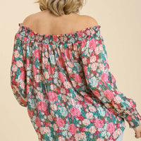 Sheer Floral Print Metallic Threading Long Sleeve Off Shoulder Top With High Low Hem