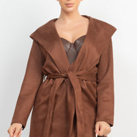 Suede Hooded Waist-tie Belt Jacket