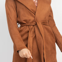 Suede Hooded Waist-tie Belt Jacket