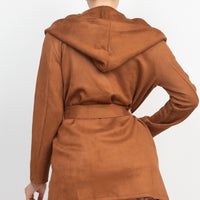 Suede Hooded Waist-tie Belt Jacket