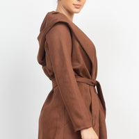 Suede Hooded Waist-tie Belt Jacket