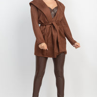 Suede Hooded Waist-tie Belt Jacket