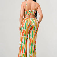 Luxe geo print satin bra top and palazzo jumpsuit