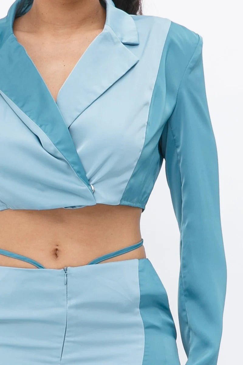 Colorblock Crop Blazer With Matching Low Rise Wide Leg Pant Set With Pockets - Passion 4 Fashion USA