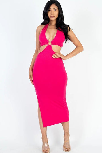 Cut-out Halter Neck Double Back Tie Split Thigh Midi Dress - Passion 4 Fashion USA