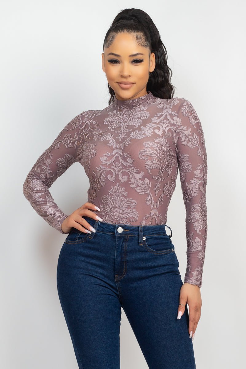 Embroidered Mock Neck Keyhole Bodysuit - Passion 4 Fashion USA