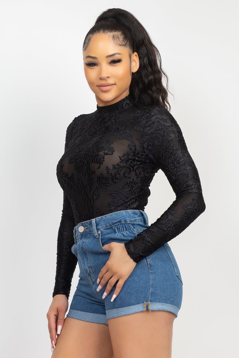 Embroidered Mock Neck Keyhole Bodysuit - Passion 4 Fashion USA