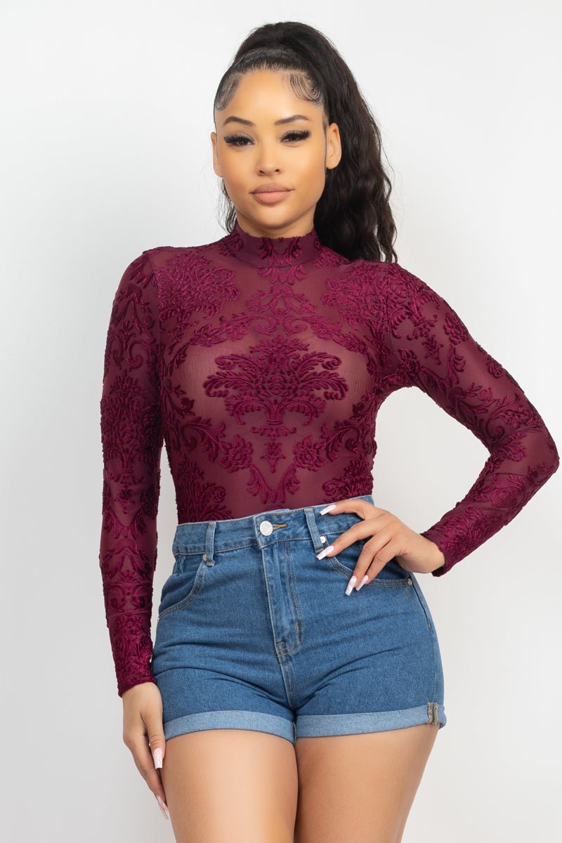 Embroidered Mock Neck Keyhole Bodysuit - Passion 4 Fashion USA