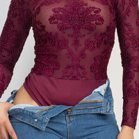 Embroidered Mock Neck Keyhole Bodysuit - Passion 4 Fashion USA