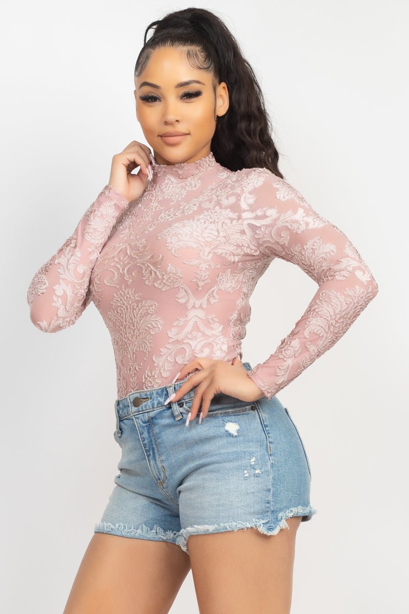 Embroidered Mock Neck Keyhole Bodysuit - Passion 4 Fashion USA