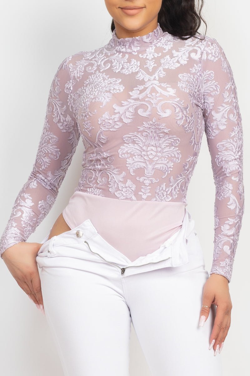 Embroidered Mock Neck Keyhole Bodysuit - Passion 4 Fashion USA