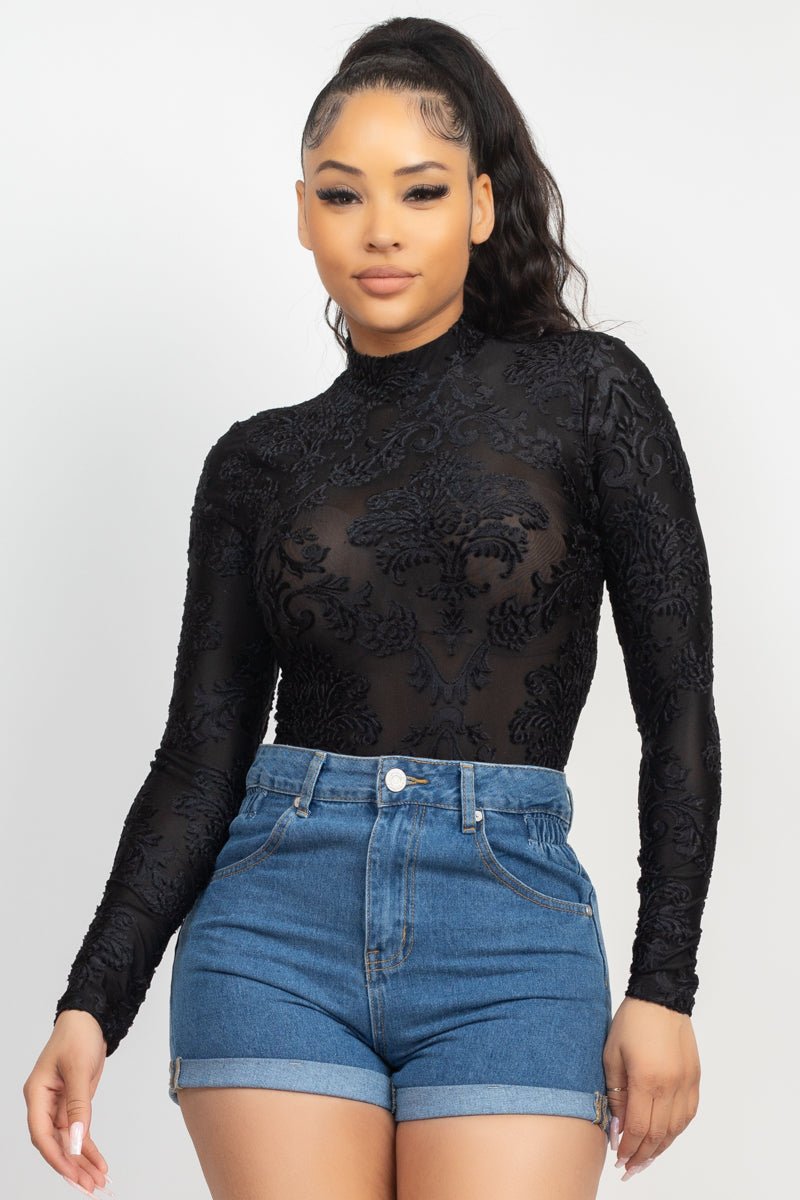 Embroidered Mock Neck Keyhole Bodysuit - Passion 4 Fashion USA