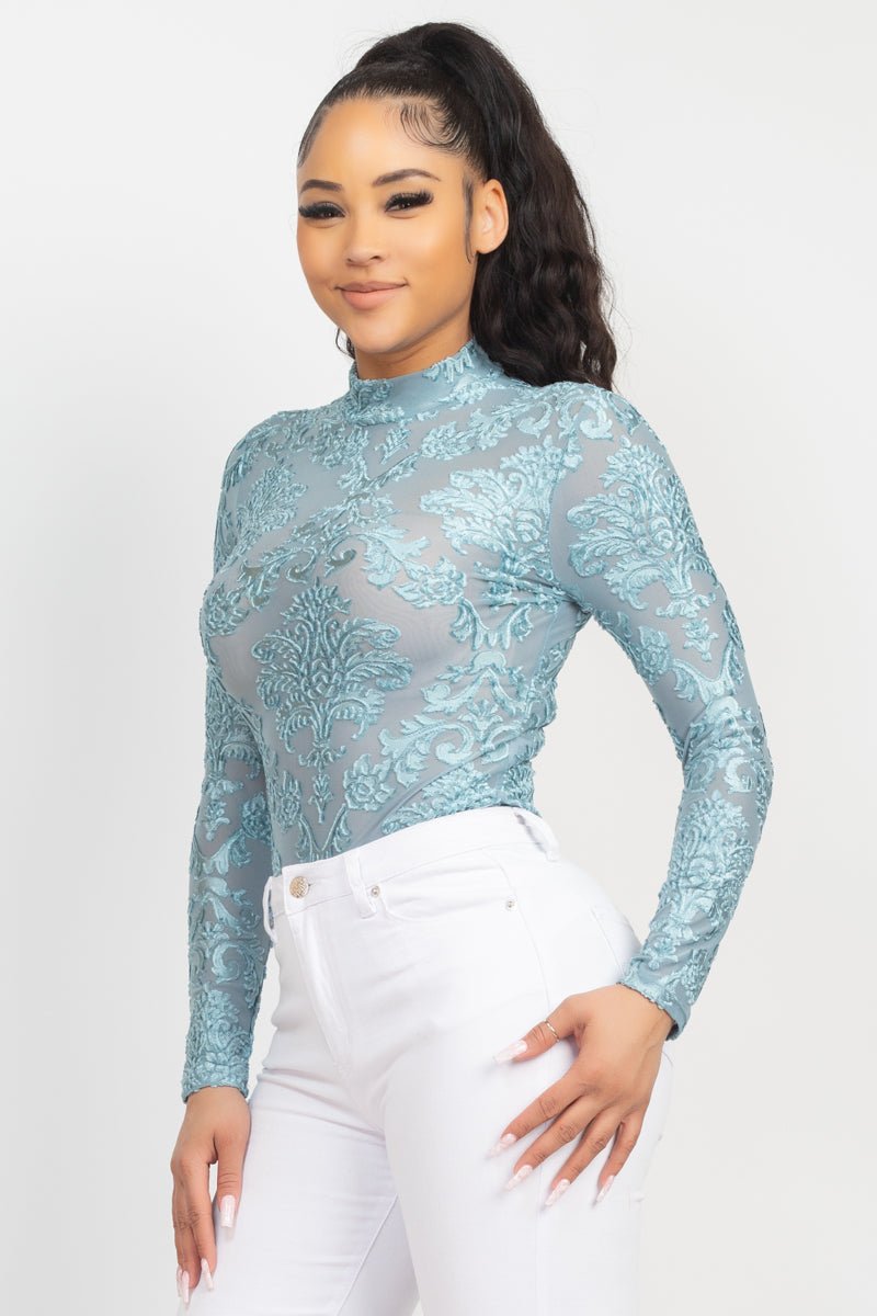 Embroidered Mock Neck Keyhole Bodysuit - Passion 4 Fashion USA