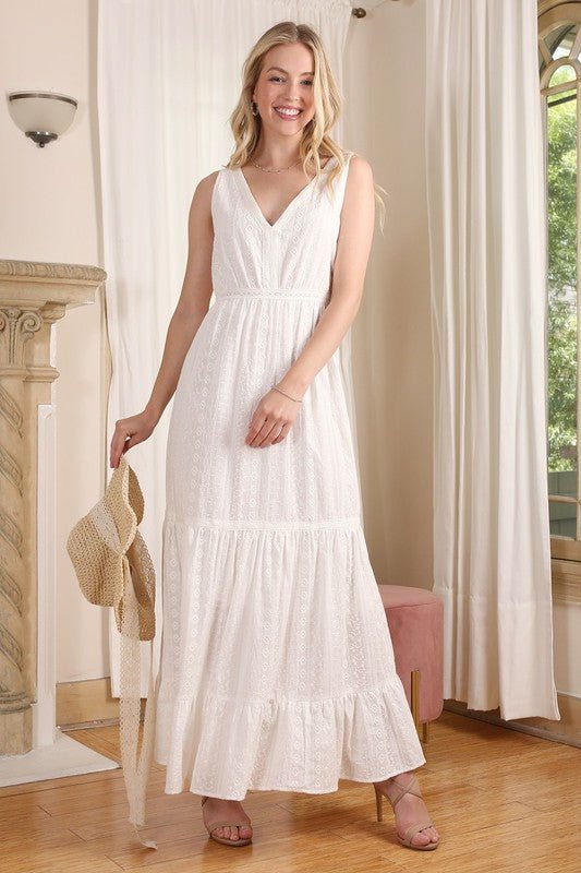 Embroidered white V neckline tiered dress - Passion 4 Fashion USA