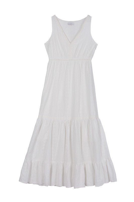 Embroidered white V neckline tiered dress - Passion 4 Fashion USA