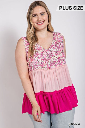 Floral Color Block Ruffle Detail Tiered V-neck Top - Passion 4 Fashion USA