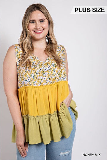 Floral Color Block Ruffle Detail Tiered V-neck Top - Passion 4 Fashion USA