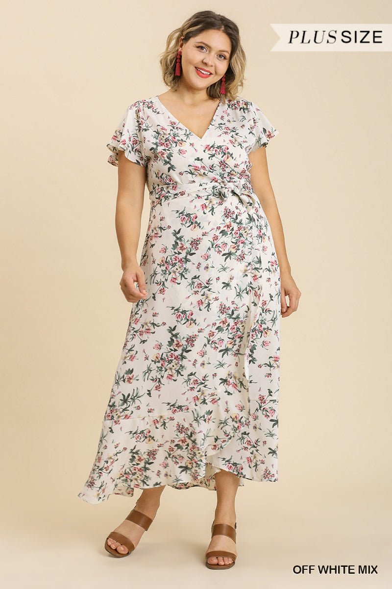 Floral Print Wrapped Short Ruffle Sleeve Maxi Dress With No Lining - Passion 4 Fashion USA