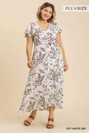 Floral Print Wrapped Short Ruffle Sleeve Maxi Dress With No Lining - Passion 4 Fashion USA