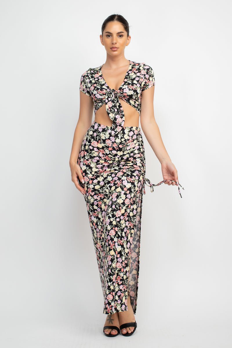 Front Knot Floral Top & Ruched Maxi Skirts Set - Passion 4 Fashion USA