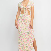 Front Knot Floral Top & Ruched Maxi Skirts Set - Passion 4 Fashion USA