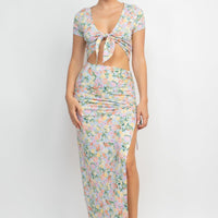 Front Knot Floral Top & Ruched Maxi Skirts Set - Passion 4 Fashion USA