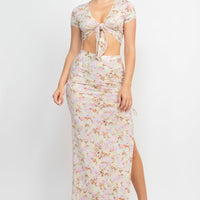 Front Knot Floral Top & Ruched Maxi Skirts Set - Passion 4 Fashion USA