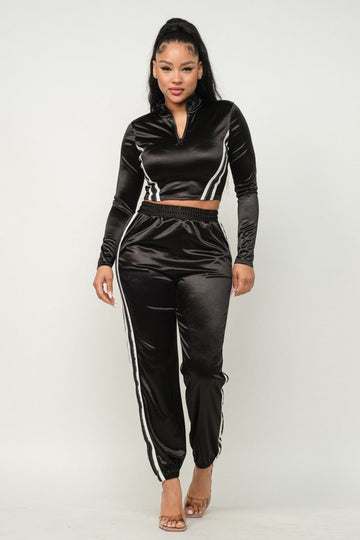 Front Zip Up Stripes Detail Jacket And Pants Set - Passion 4 Fashion USA