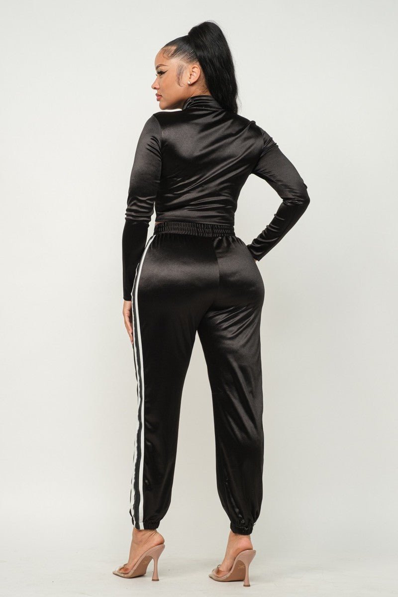 Front Zip Up Stripes Detail Jacket And Pants Set - Passion 4 Fashion USA