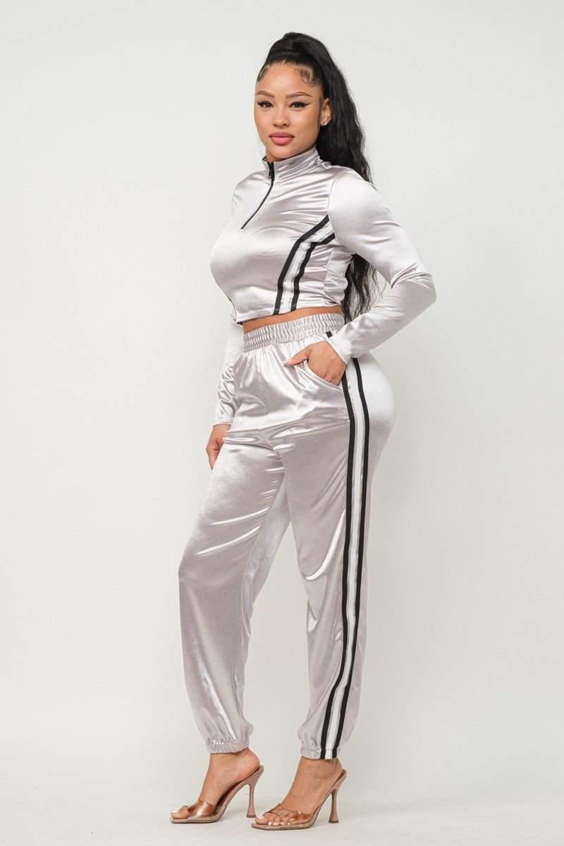 Front Zip Up Stripes Detail Jacket And Pants Set - Passion 4 Fashion USA