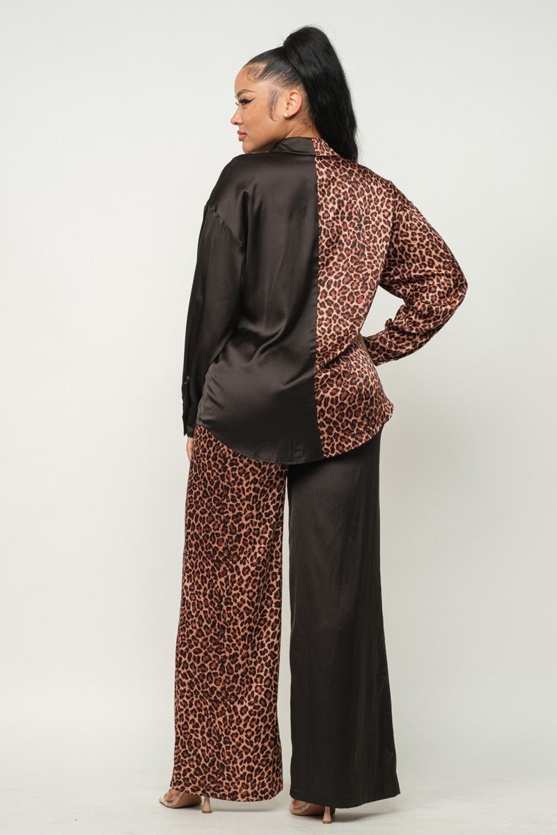 Half Animal Print And Half Solid Top And Pants Set - Passion 4 Fashion USA