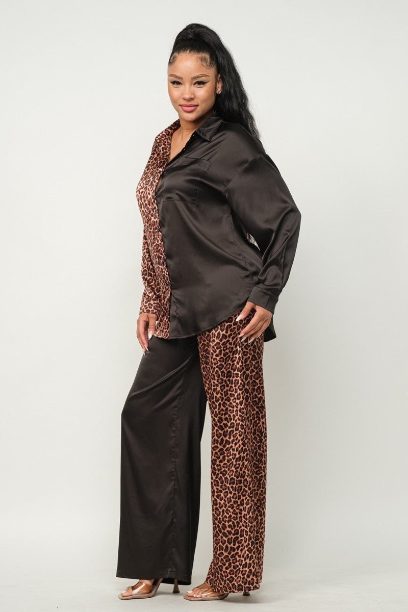 Half Animal Print And Half Solid Top And Pants Set - Passion 4 Fashion USA