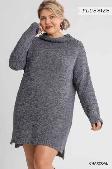 High Cowl Neck Bouclé Long Sleeve Sweater Dress - Passion 4 Fashion USA