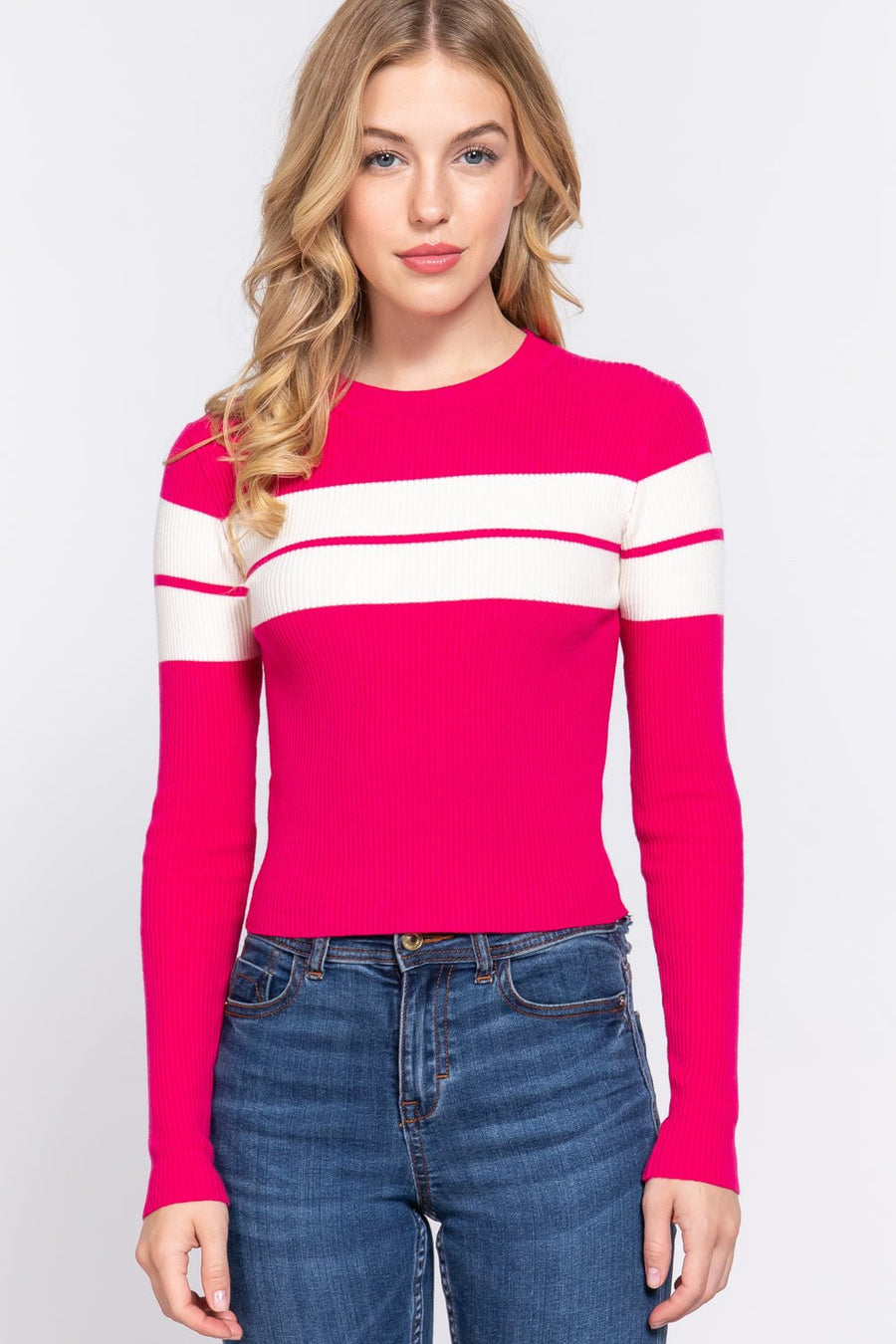 Long Slv Stripe Rib Sweater - Passion 4 Fashion USA