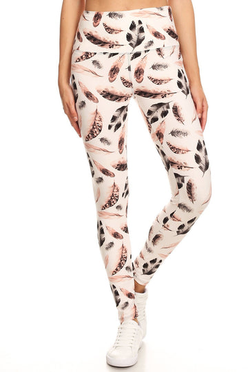 Long Yoga Style Banded Lined Leaf Printed Knit Legging With High Waist - Passion 4 Fashion USA