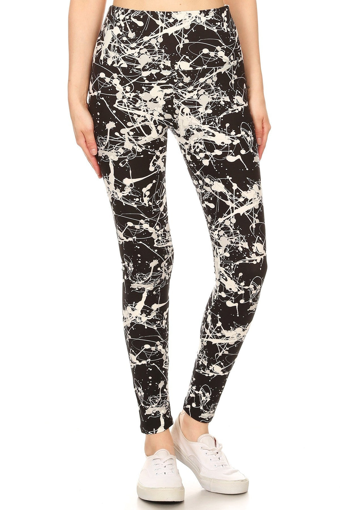 Long Yoga Style Banded Lined Paint Splatters Printed Knit Legging With High Waist - Passion 4 Fashion USA