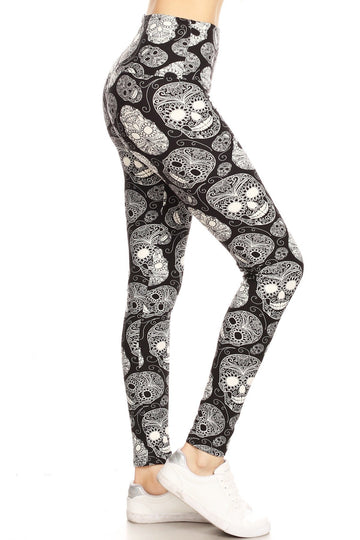 Long Yoga Style Banded Lined Skull Printed Knit Legging With High Waist - Passion 4 Fashion USA