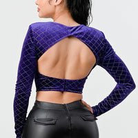 Lux Diamon Velvet Buttons Open Back Square Neck Long Sleeves Cropped Top - Passion 4 Fashion USA