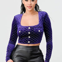 Lux Diamon Velvet Buttons Open Back Square Neck Long Sleeves Cropped Top - Passion 4 Fashion USA