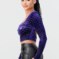 Lux Diamon Velvet Buttons Open Back Square Neck Long Sleeves Cropped Top - Passion 4 Fashion USA