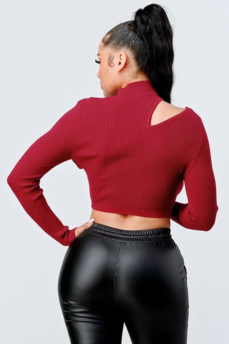 Lux Sweater Rib Cutout Mock Neck Crop Top - Passion 4 Fashion USA