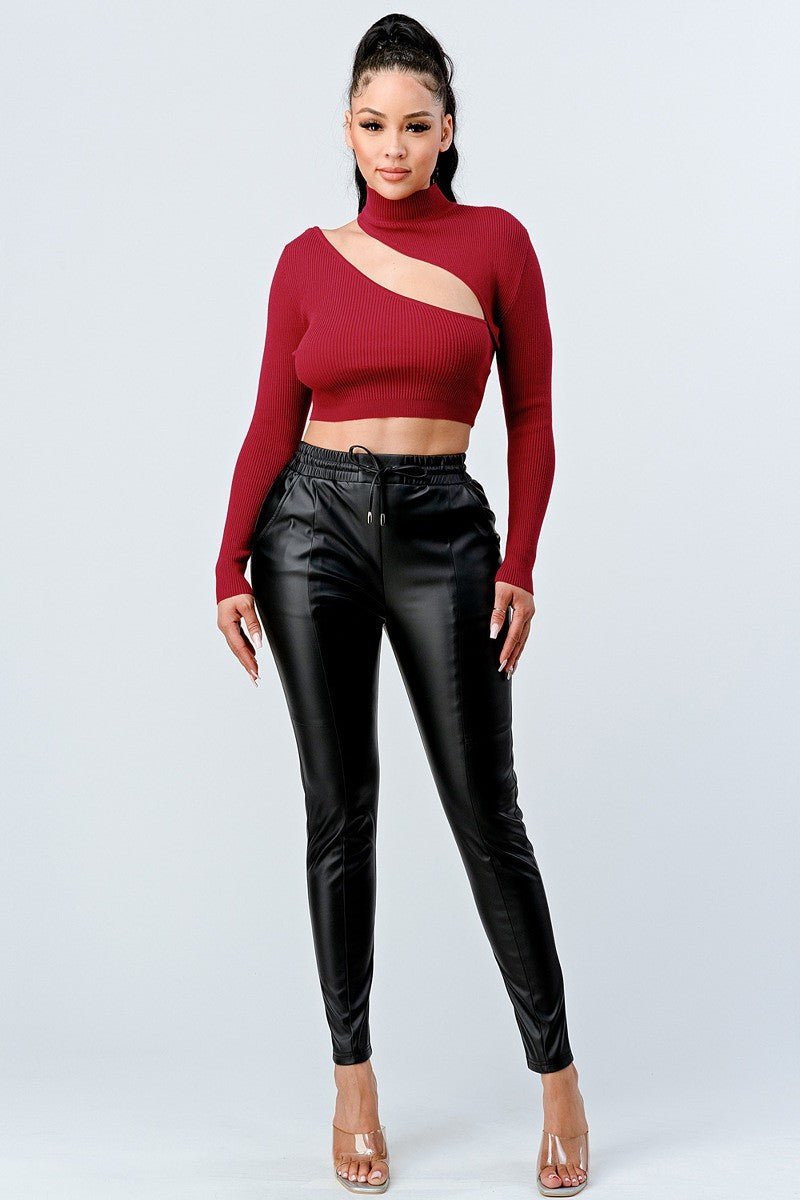 Lux Sweater Rib Cutout Mock Neck Crop Top - Passion 4 Fashion USA