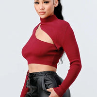 Lux Sweater Rib Cutout Mock Neck Crop Top - Passion 4 Fashion USA