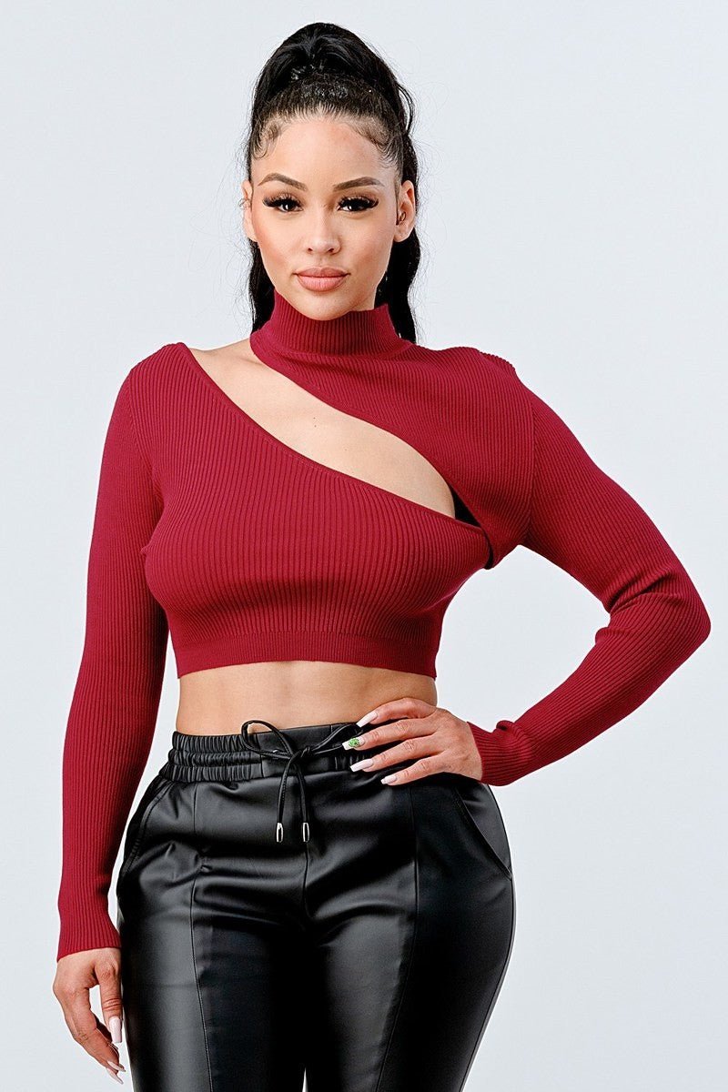 Lux Sweater Rib Cutout Mock Neck Crop Top - Passion 4 Fashion USA