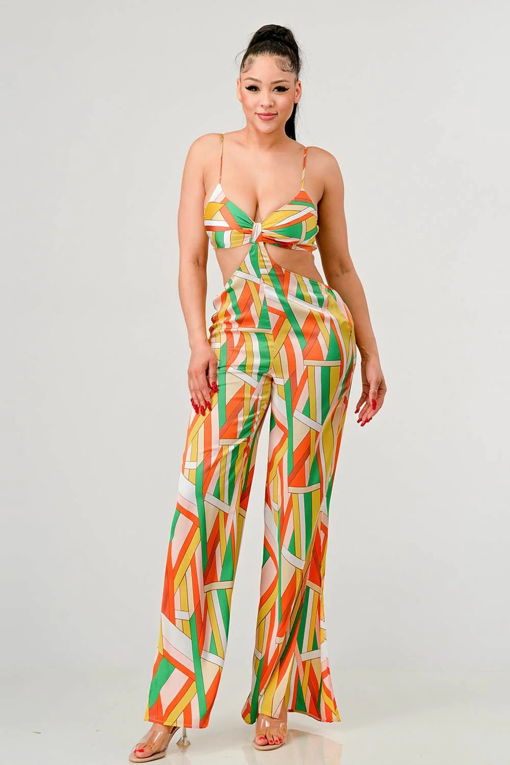 Luxe geo print satin bra top and palazzo jumpsuit - Passion 4 Fashion USA