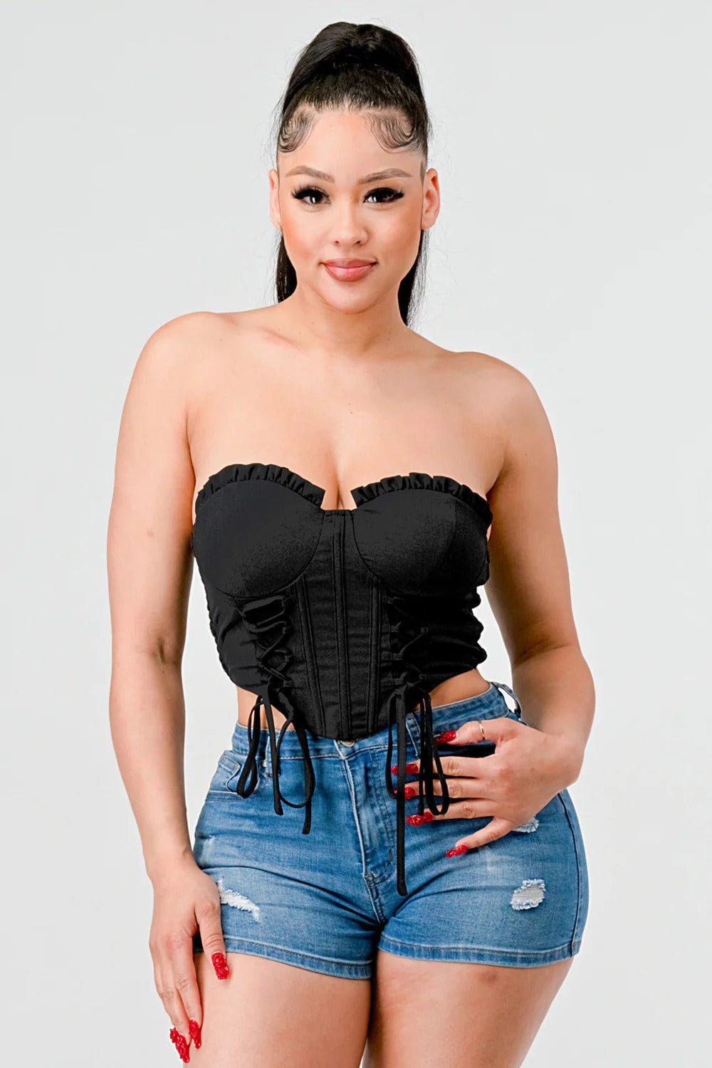 Luxe sweetheart ruffled drawstring lace bustier top - Passion 4 Fashion USA