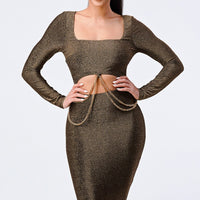 Luxe Waist Gold Chain Cut-out Detail Square Neck Glitter Bodycon Dress - Passion 4 Fashion USA