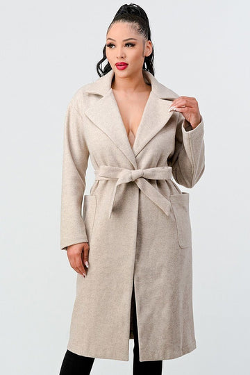 Luxe Wool Waist Tie Side Pockets Midi Length Coat - Passion 4 Fashion USA