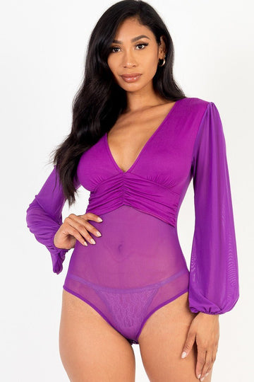 Mesh long sleeve deep v-neck bodysuit - Passion 4 Fashion USA