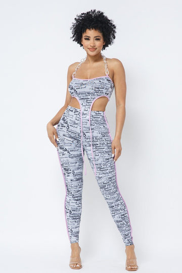 Mesh Print Crop Top With Plastic Chain Halter Neck With Matching Leggings - Passion 4 Fashion USA